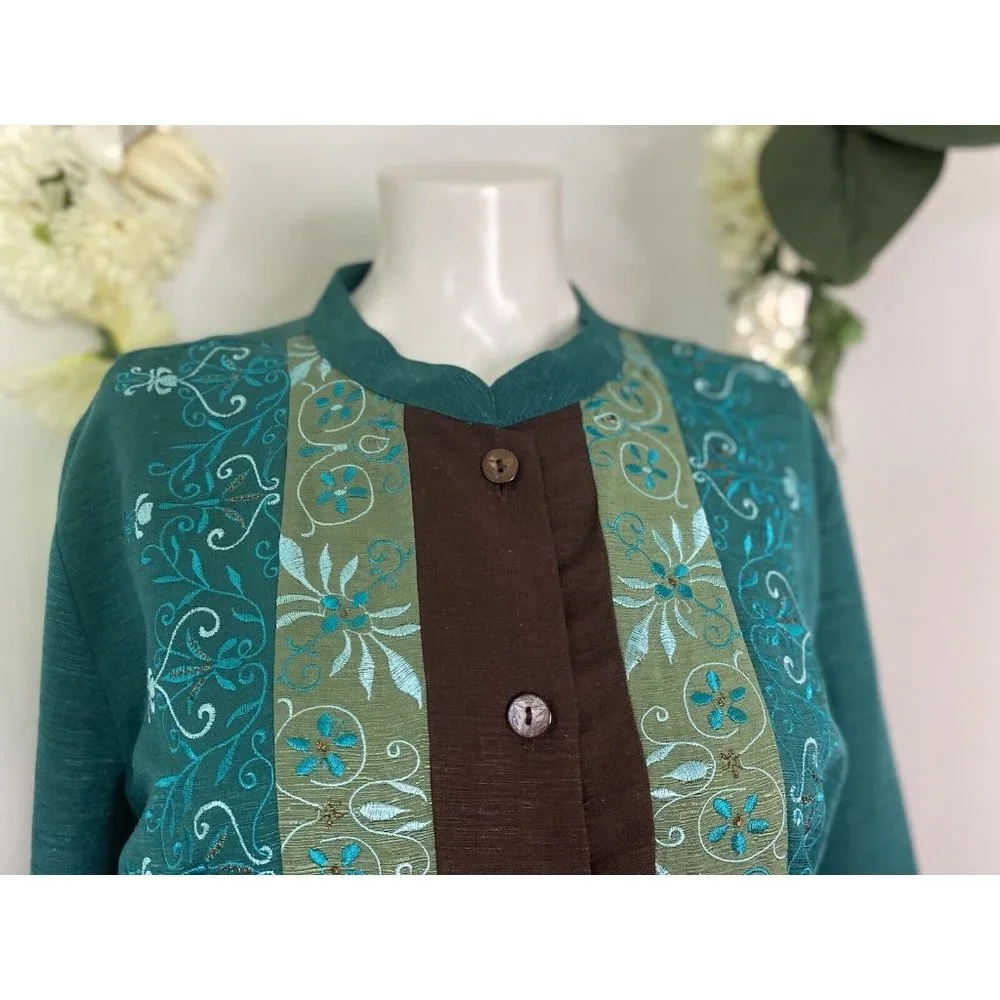 Erin London Womens L Silk Button Down Embroidered Jacket Blazer Green Vintage - Picture 2 of 16